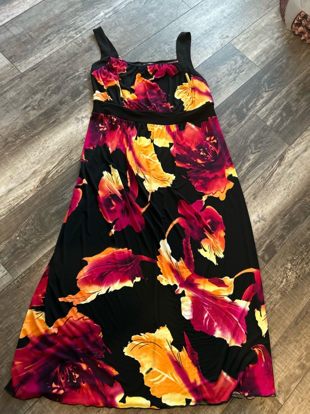 Black Floral Maxi Dress with Vibrant Yellow and Magenta Blooms B1